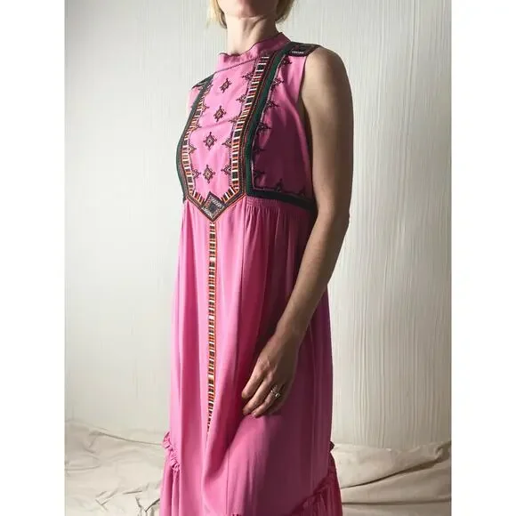 WHISTLES "Avery" Silk Bubblegum Pink Boho Embroidered Maxi Dress US 10 - Picture 4 of 13